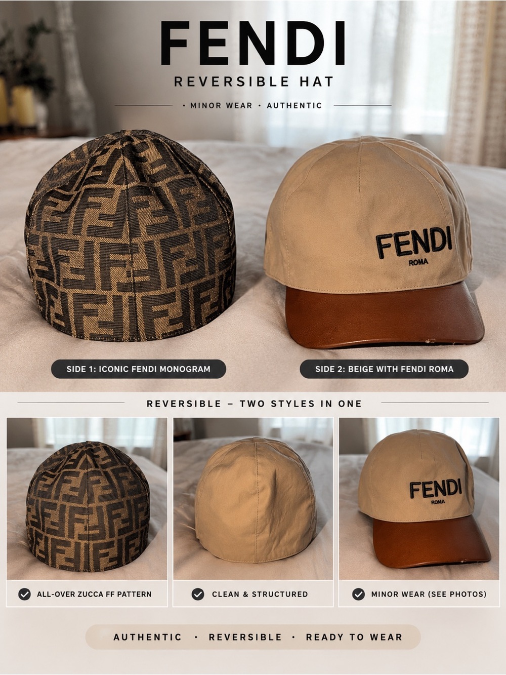 Fendi Reversible Monogram & Beige Cap - Brown/Tan